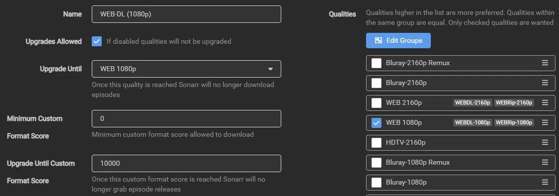 WEB-1080p quality profile main settings