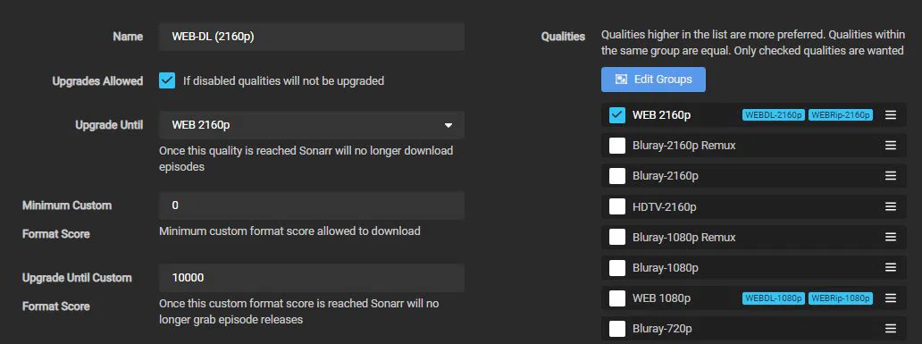 WEB-2160p quality profile main settings