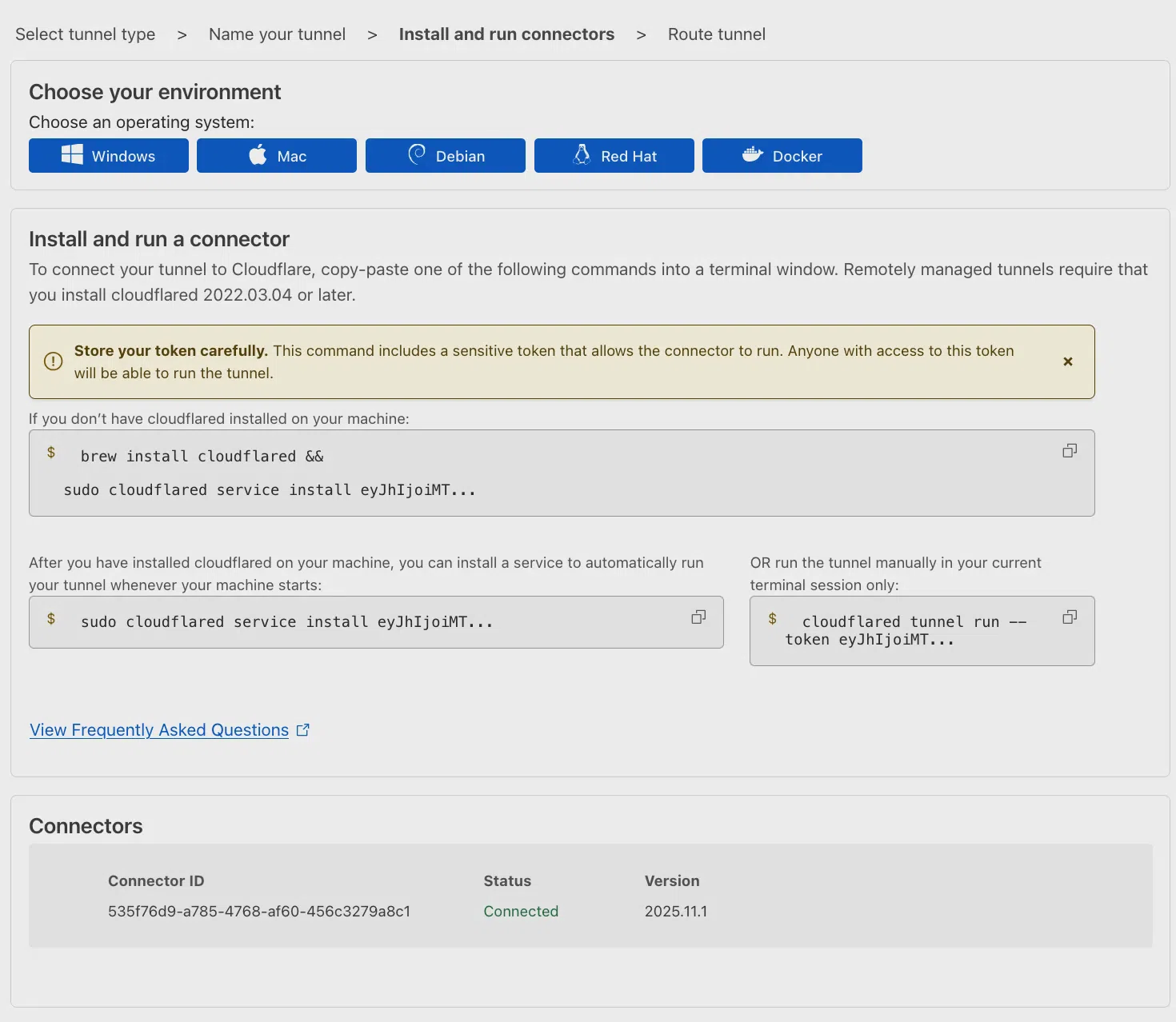 Cloudflare Zero Trust dashboard showing a cloudflared tunnel connector registered and active