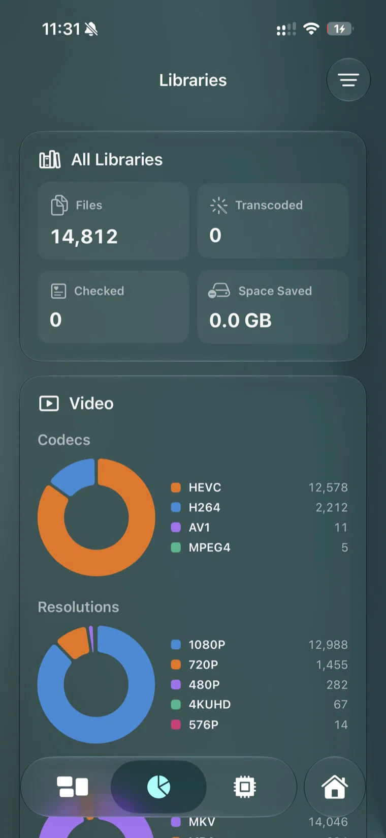 Helmarr Tdarr library statistics screen showing file counts, codecs, resolutions, and space saved