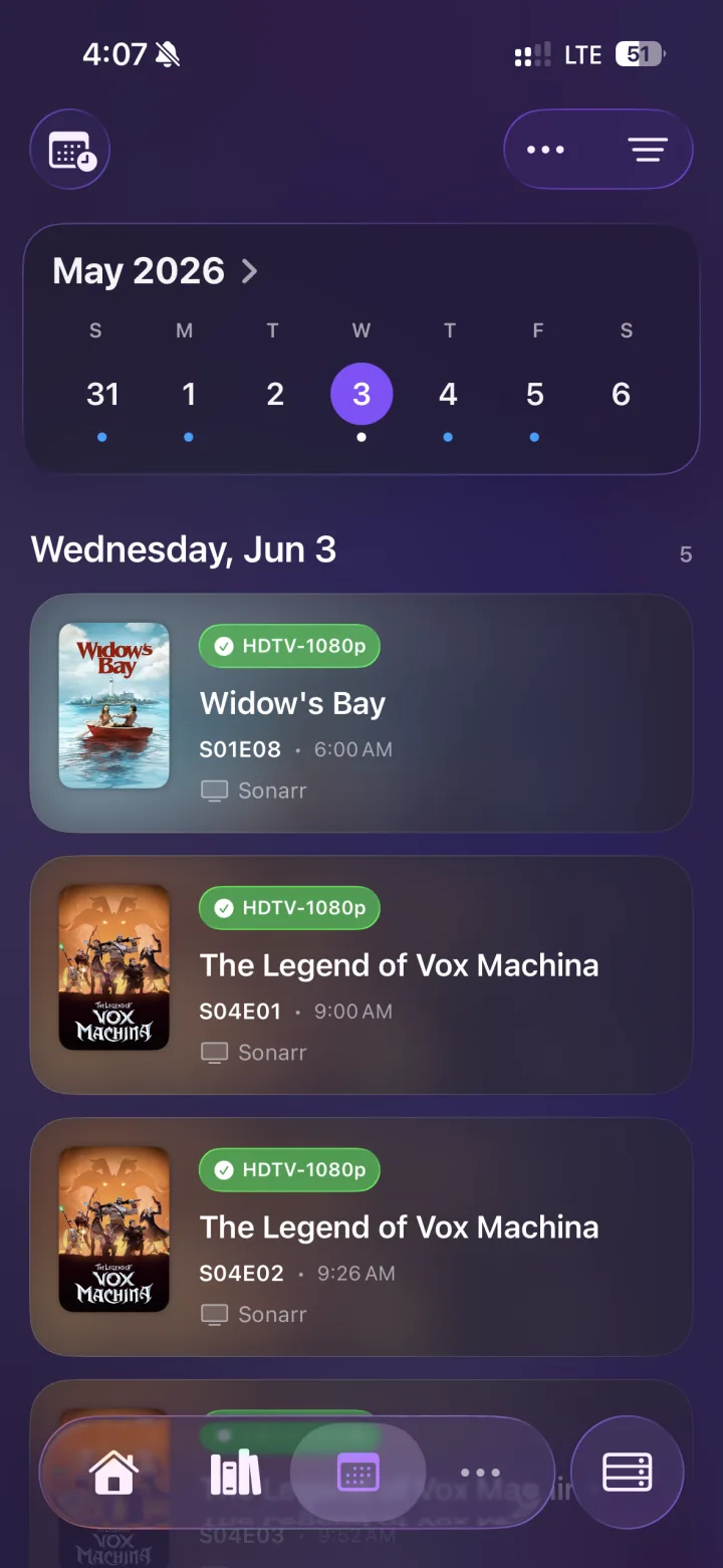 Helmarr calendar view for upcoming media releases with quality tags and Sonarr source labels.