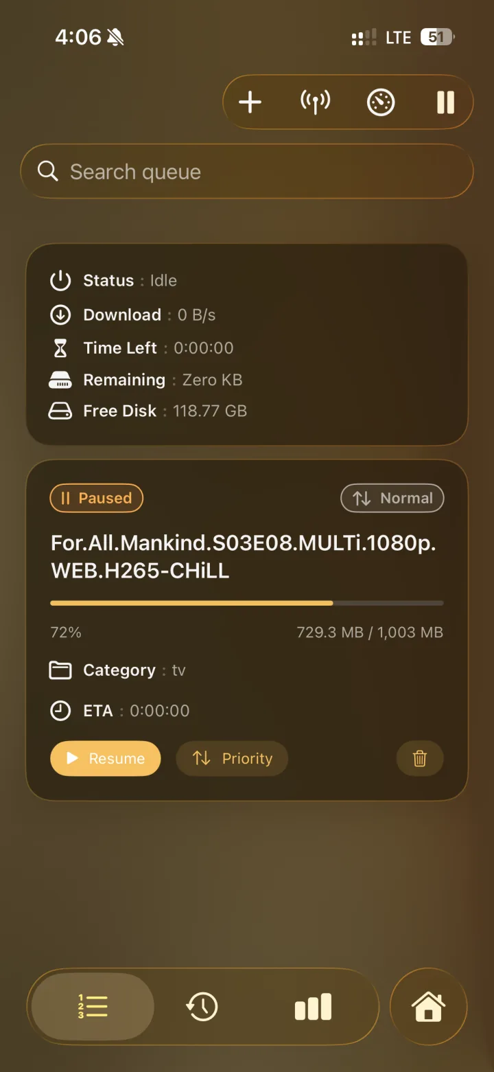 Helmarr SABnzbd and downloader integration screen with queue status, progress, priority controls, and free disk space.