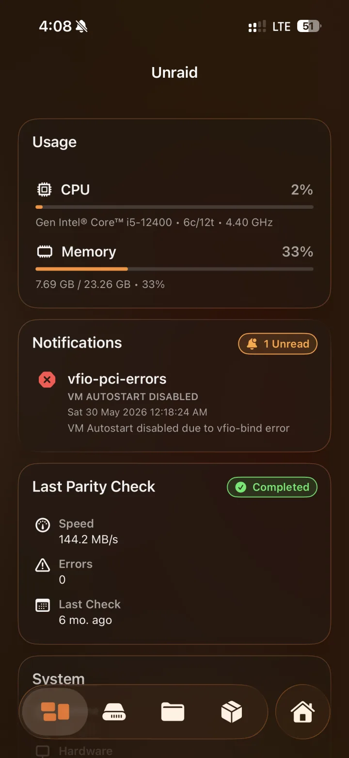 Helmarr Unraid sub-app for server usage, notifications, parity checks, and system controls.